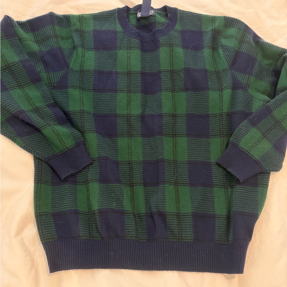 Lands End Green and Blue Plaid Cashmere Sweater EUC 0139